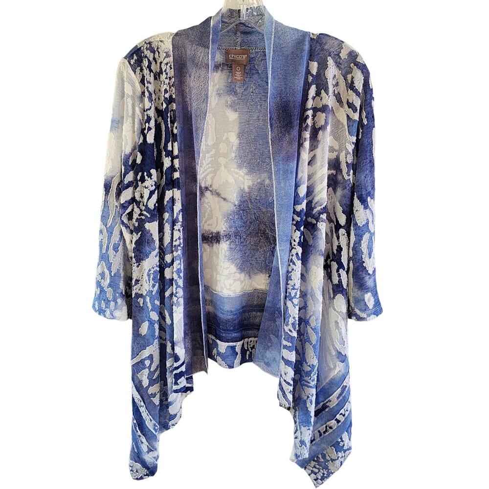 Chico’s Blue White Abstract Print Waterfall Open Cardigan Sweater – Size 0 (US 4